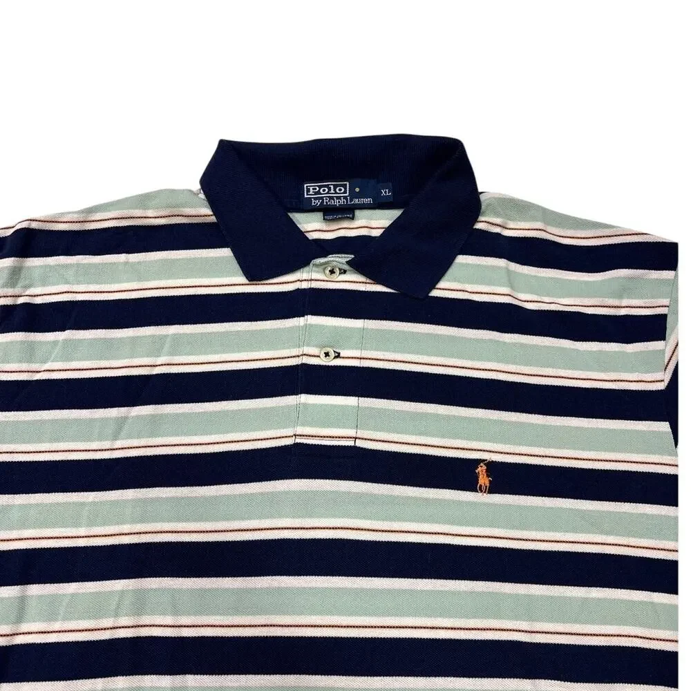 Vintage Polo Ralph Lauren Shirt Mens XL Blue Green Striped Short Sleeve Preppy